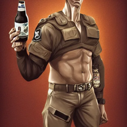 Image similar to a humanoid german shepherd beast - man in military style, holding a bottle of beer, artstation, concept art, smooth, sharp foccus ilustration, artstation