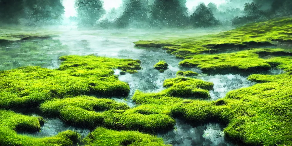 Image similar to gorgeous fields of moss landscape with glistening water in the background, landscape, beautiful, intricate details, highly detailed, sharp focus, concept art, digital painting, trending on artstation, still, screenshot, photo, photograph