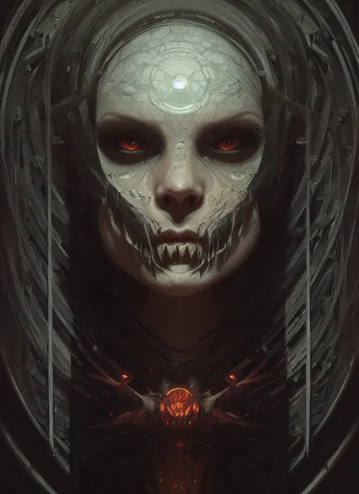 Image similar to symmetry!! portrait of a necromancer, horror, dark moody lights!! intricate, scary, highly detailed, digital painting, artstation, concept art, smooth, sharp focus, illustration, art by greg rutkowski and alphonse mucha