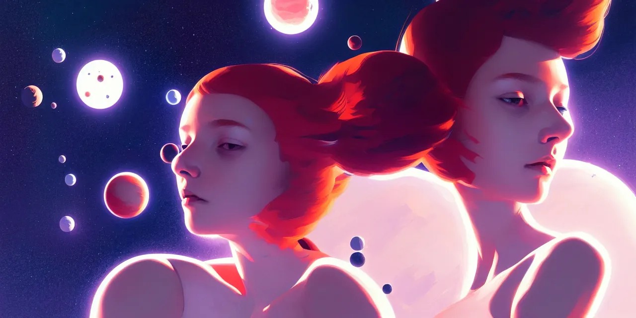 Image similar to girl in space, floating beside planets, symmetrical face and body, dynamic body pose, dynamic composition, detailed designs, digital painting, 4 k, by ilya kuvshinov, by greg rutkowski, atmospheric lighting