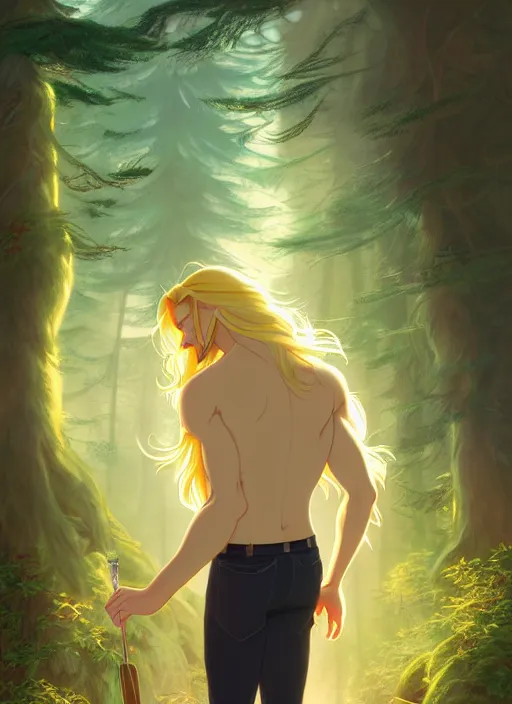 Prompt: book cover design, slender young man with long golden blond hair, shiny and sparkling, from behind, back shot, lost in a magical forest, natural lighting, path traced, highly detailed, high quality, cartoon, digital painting, by don bluth and ross tran and studio ghibli and alphonse mucha