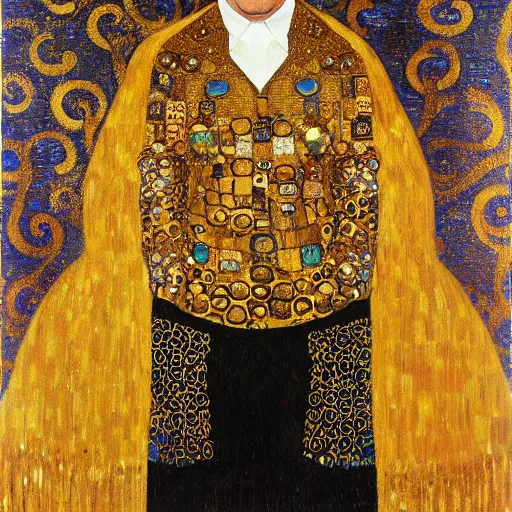 Prompt: a portrait of benjamin netanyahu wearing gold garbs and jewels, by gustave klimt