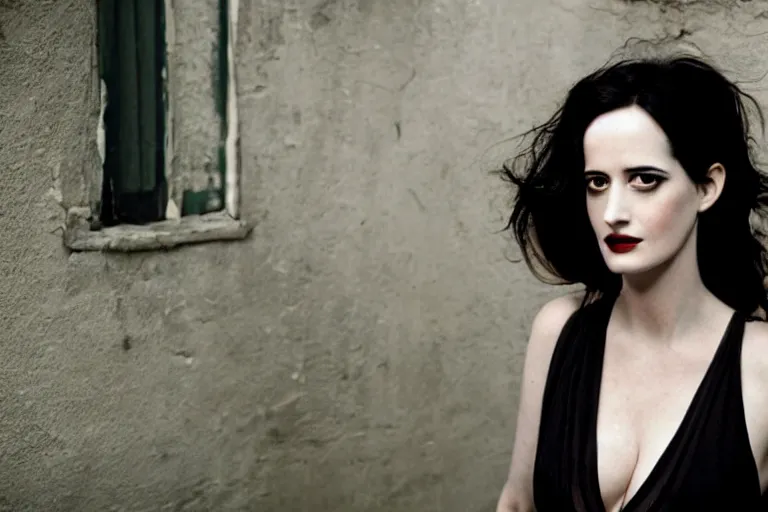 Image similar to closeup portrait Eva Green in a smoky new york back street, by Steve McCurry and David Lazar, natural light, detailed face, CANON Eos C300, ƒ1.8, 35mm, 8K, medium-format print