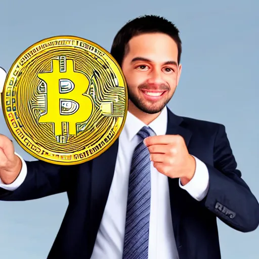 Image similar to businessman holding a happy bitcoin