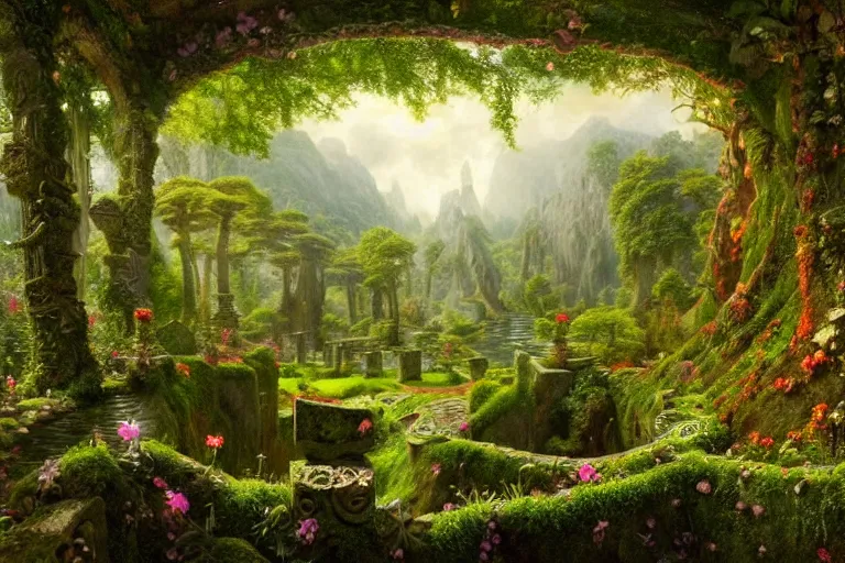 Image similar to a beautiful and highly detailed matte painting of a lush garden in a beautiful forest, carved celtic stone runes, psychedelic colors, intricate details, epic scale, insanely complex, hyperdetailed, artstation, cgsociety, 8 k, sharp focus, hyperrealism, by caspar friedrich, albert bierstadt, james gurney, brian froud,