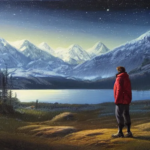 Prompt: A beautiful!!! painting of A man standing by a lake looking at snow-capped mountains in the distance, In the evening the stars shine and the moonlight shines on the lake,beautiful!!!!! sky,Landscapes.hyper detailed,8K Resolution.In style of Greg Rutkowski, by Vania Zouravliov