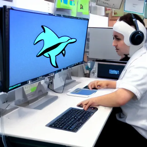 Image similar to A dolphin wearing a chemist outfit playing games on a computer