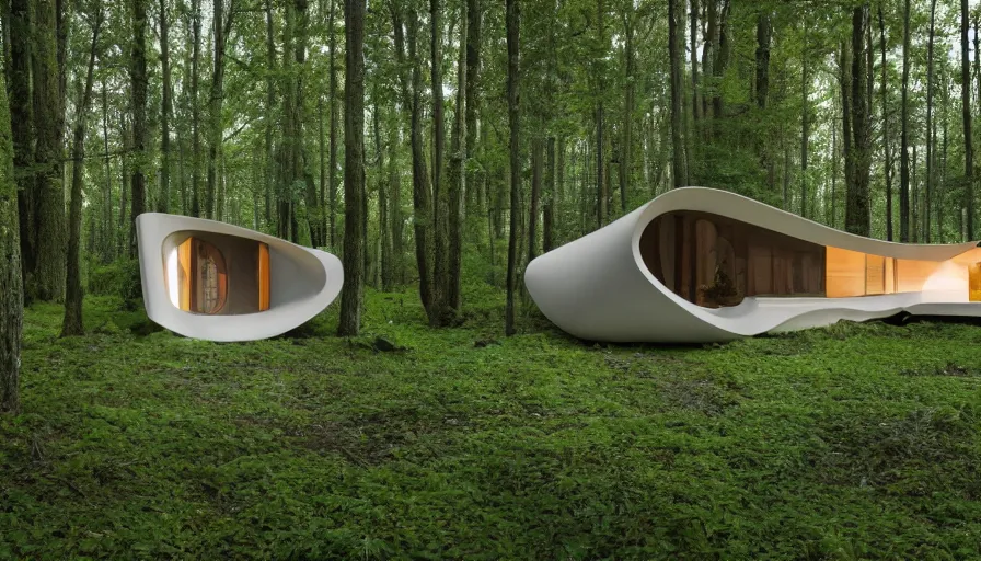Prompt: A unique innovative sea ranch style creative cabin in a lush green forest with soft rounded corners and angles, 3D printed line texture, made of cement, connected by sidewalks, public space, and a park, Design and style by Zaha Hadid, Wes Anderson and Gucci