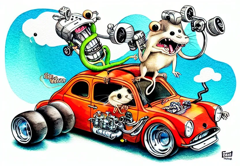 Image similar to cute and funny, rodent riding in a tiny hot rod coupe with oversized engine, ratfink style by ed roth, centered award winning watercolor pen illustration, isometric illustration by chihiro iwasaki, edited by range murata