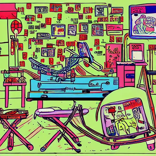 Image similar to surgery operating table, in the style of daniel johnston and outsider art, 8k, line brush, overlaid with chinese adverts