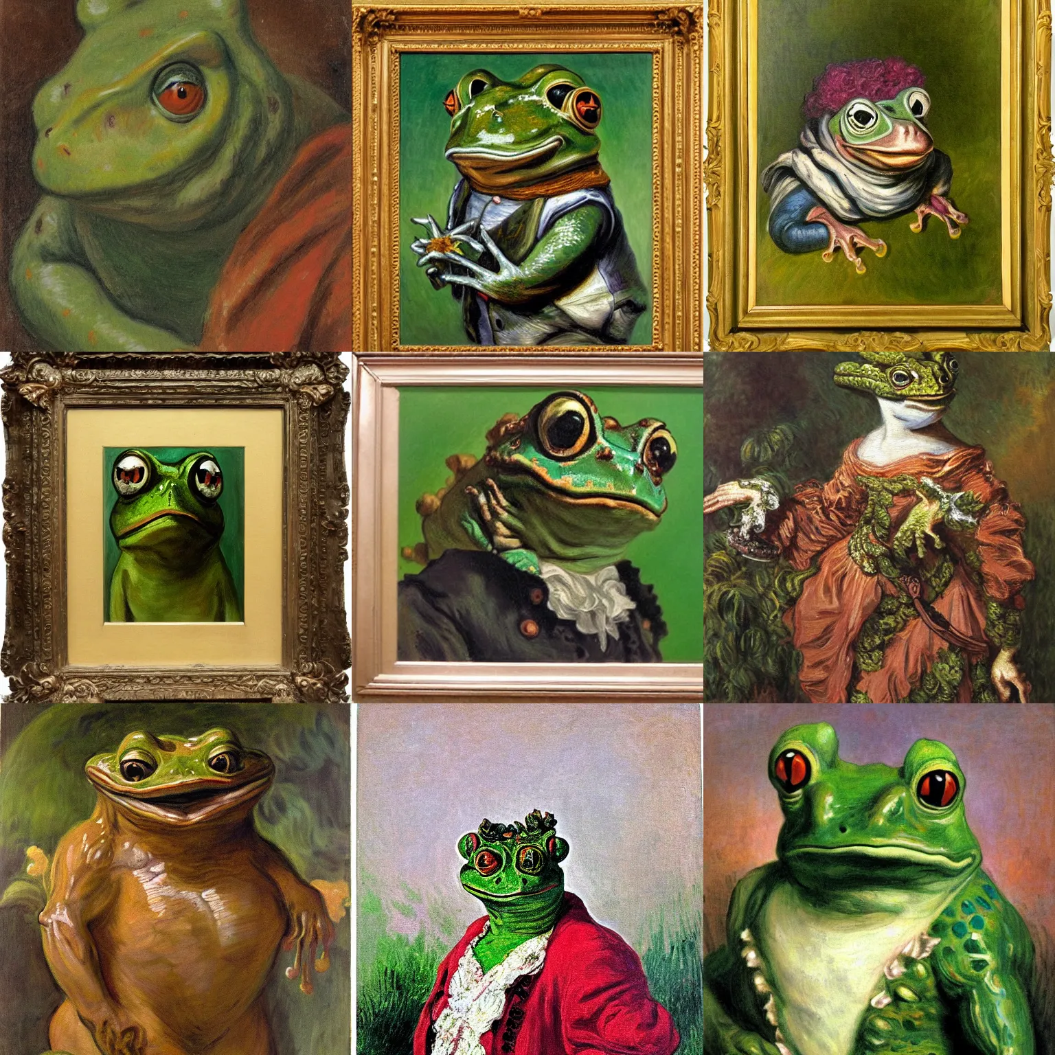 Prompt: portrait rococo painting of frog brute by monet