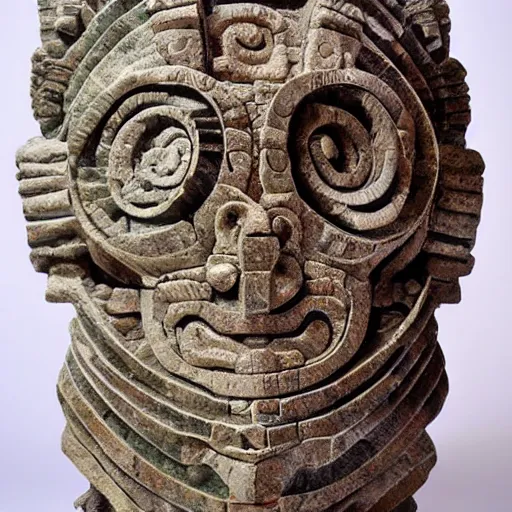 Prompt: intricate stone sculpture of a mix of abstract, alien, cubist, futuristic mayan design influences