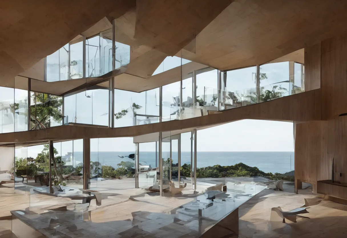 Image similar to Modern interior of a house with big windows, modern furniture at dawn, Located on a cliff view to the sea, detailed architecture coherent high detail