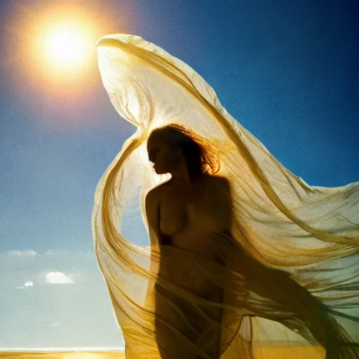 Image similar to filmstill photography of female body silhouette covered with curly white translucent blanket blowing in wind, acrylic liquid colors, luxurious supermodel photoshooting, golden jewelry, bokeh, godrays, strong wind, wrinkles, sunrays, sunset, lens flares, monet, renoir, cold colors, digital illustration, art noveau, liquid marbling painting, sand dunes