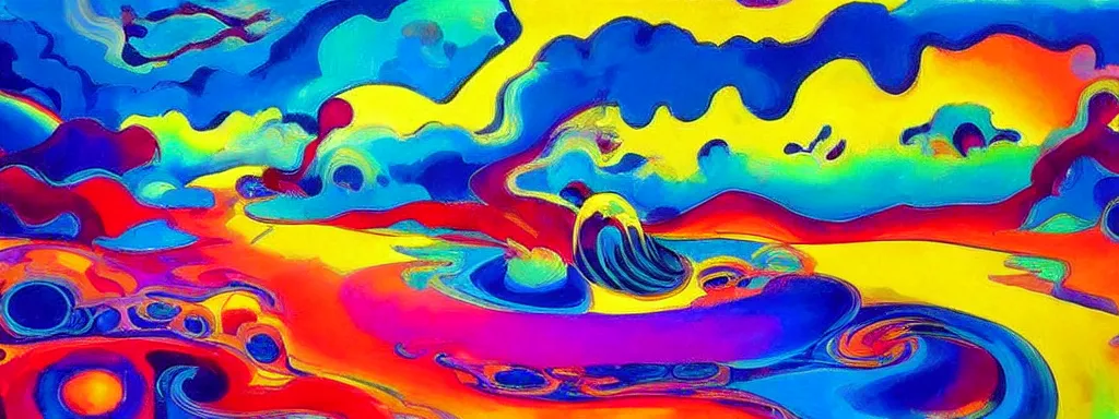 Image similar to Psychedelic sci-fi dreamworld. Landscape painting. Organic. Winding rushing water. Waves. Clouds. Peter Max.