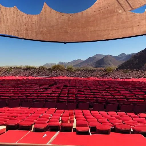 Prompt: pov seen from the stands of an outdoor show in a desert, the seats are in red velvet and comfortable, the stage is surrounded by wooden barriers