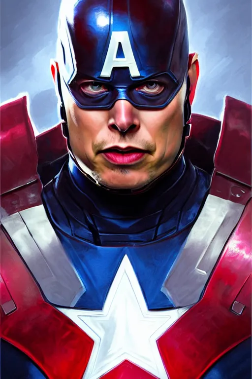 Image similar to elon musk as captain america, portrait, highly detailed, digital painting, artstation, concept art, smooth, sharp focus, illustration, cinematic lighting, art by artgerm and greg rutkowski and alphonse mucha