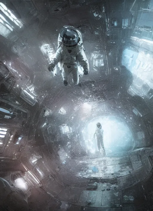 Prompt: concept art by craig mullins astronaut in futuristic dark and empty spaceship underwater. infrared glowing lights. complex and hyperdetailed technical suit. reflection and dispersion materials. rays and dispersion of light. volumetric light. 5 0 mm, f / 3 2. noise film photo. flash photography. unreal engine 4, octane render. interstellar movie art