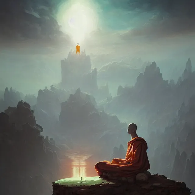 Image similar to in the style of peter mohrbacher, a glowing monk floating and meditating on a rock, dystopian landscape, intricate, masterpiece, award winning, fantasy, hyperrealism intricate