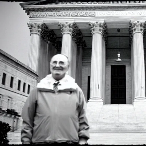 Prompt: Jack Sparrows first day on the bench of the Supreme Court, 35mm film