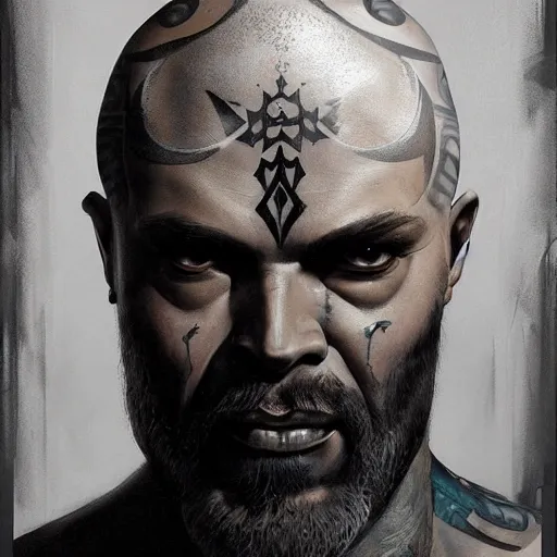 Prompt: a grey giant with face tattoos, sides of head shaved with black ponytail, black beard, realistic shaded, fine details, realistic shaded lighting poster by greg rutkowski, magali villeneuve, artgerm, jeremy lipkin and michael garmash and rob rey