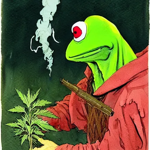 Image similar to a realistic and atmospheric watercolour fantasy character concept art portrait of kermit with red eyes smoking a huge blunt looking at the camera with a pot leaf nearby by rebecca guay, michael kaluta, charles vess and jean moebius giraud