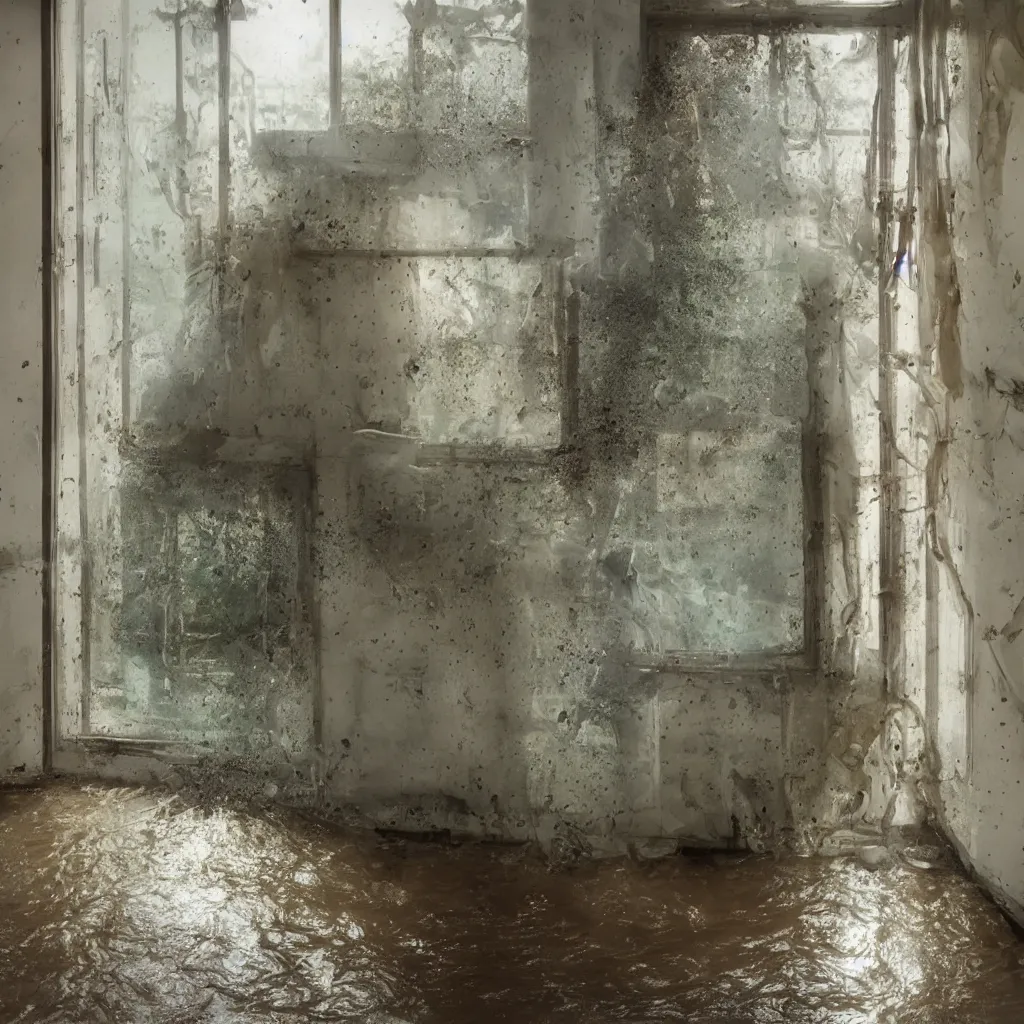 Image similar to an air conditioner above a window in a teenager's room flooding dirty water, blurred, faded, depth of field, sunny, ultra realistic, very detailed, by gerhard richter, neo rauch and nadav kander, 8 k hyper realistic detailed cinematic still