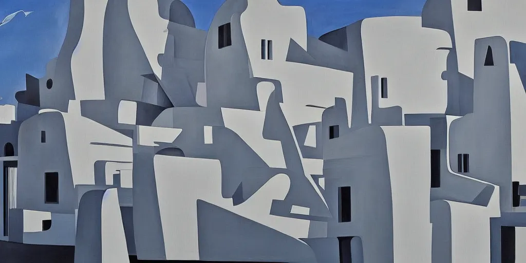 Image similar to a painting of abstract buildings like santorini by zaha hadid and yves tanguy