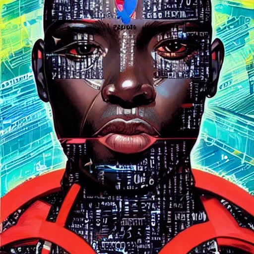 Image similar to portrait of a african male android, by MARVEL comics and Sandra Chevrier