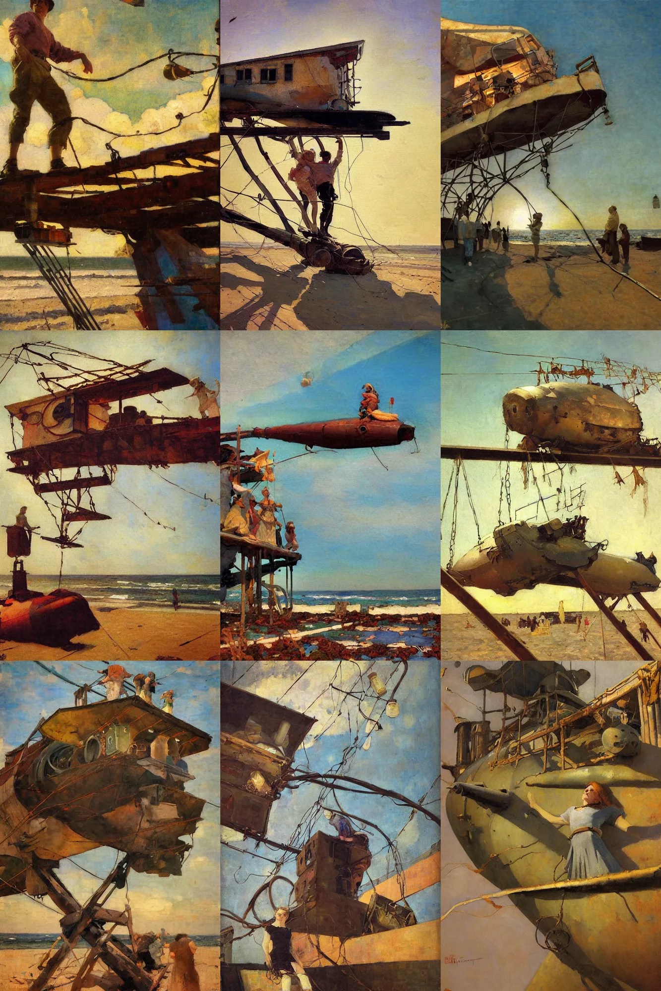 Prompt: looking up, painting by dean cornwell, ilya repin, nc wyeth painting, ultra wide, vanishing point, 3 d perspective, beached submarine, award winning, up close, climbing, beaching, rust, golden hour, junk town, lanterns, makeshift treehouse, catanary wire, lightbulb festoon lights, telephone pole
