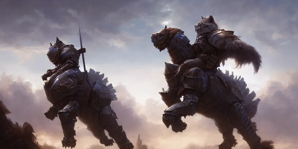 Image similar to an armored knight riding on a big fluffy cat, digital art, landscape, fantasy art, octane render, unreal engine, high detail, very realistic, by greg rutkowski. by james gurney