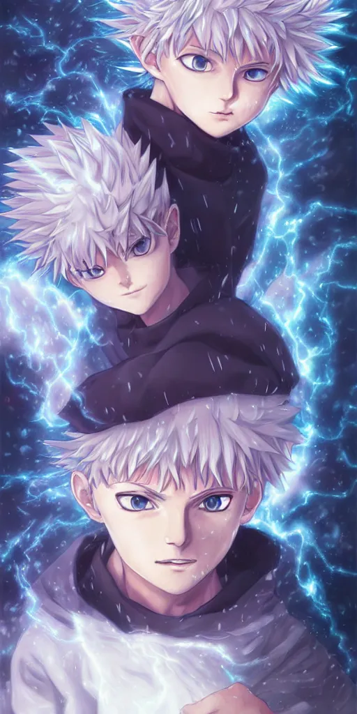 Image similar to killua zoldyck in rossdraws art, with thunderstorms, 8 k, bright colors, detailed face, details, sharp smooth, aykut aydogdu