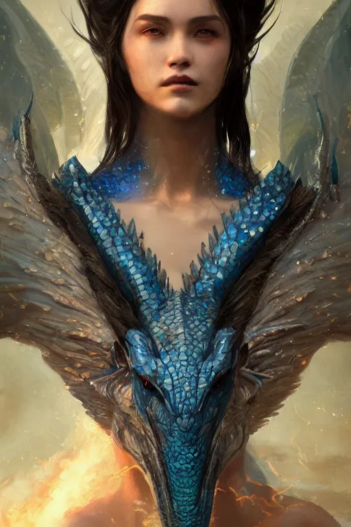 Image similar to a fancy portrait of an attractive dragon women with blue dragon scales by Greg Rutkowski, Sung Choi, Mitchell Mohrhauser, Maciej Kuciara, Johnson Ting, Maxim Verehin, Peter Konig, final fantasy , mythical, 8k photorealistic, cinematic lighting, HD, high details, atmospheric,