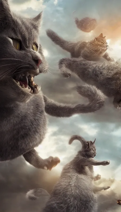 Prompt: people running away from the catzilla. trending on artstation. realistic cinematography, photorealistic, photography, wide shot