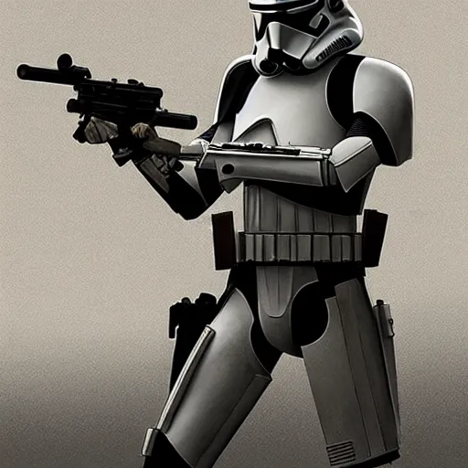 Image similar to an extremely long shot of an imperial stormtrooper in battle position ready to shoot his blaster concept art by Doug Chiang cinematic, realistic painting, high definition, very detailed, extremely high detail, photo realistic, concept art, the Mandalorian concept art style