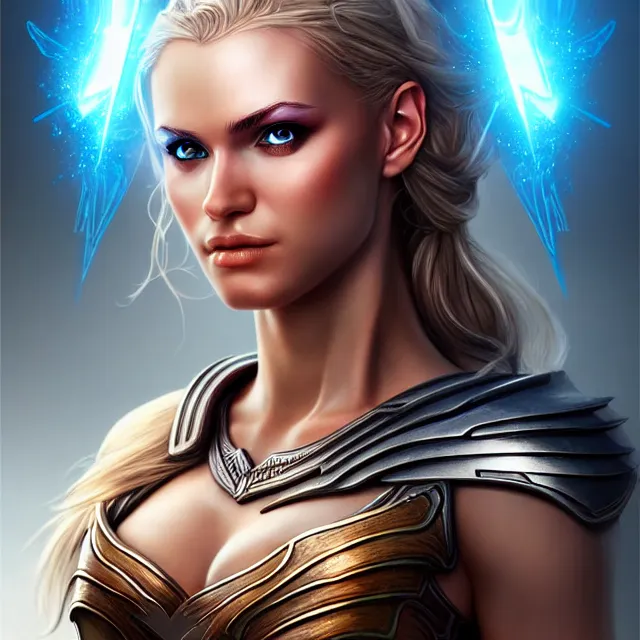 Image similar to beautiful valkyrie warrior with light powers, highly detailed, 4 k, hdr, smooth, sharp focus, high resolution, award - winning photo, artgerm, photorealistic