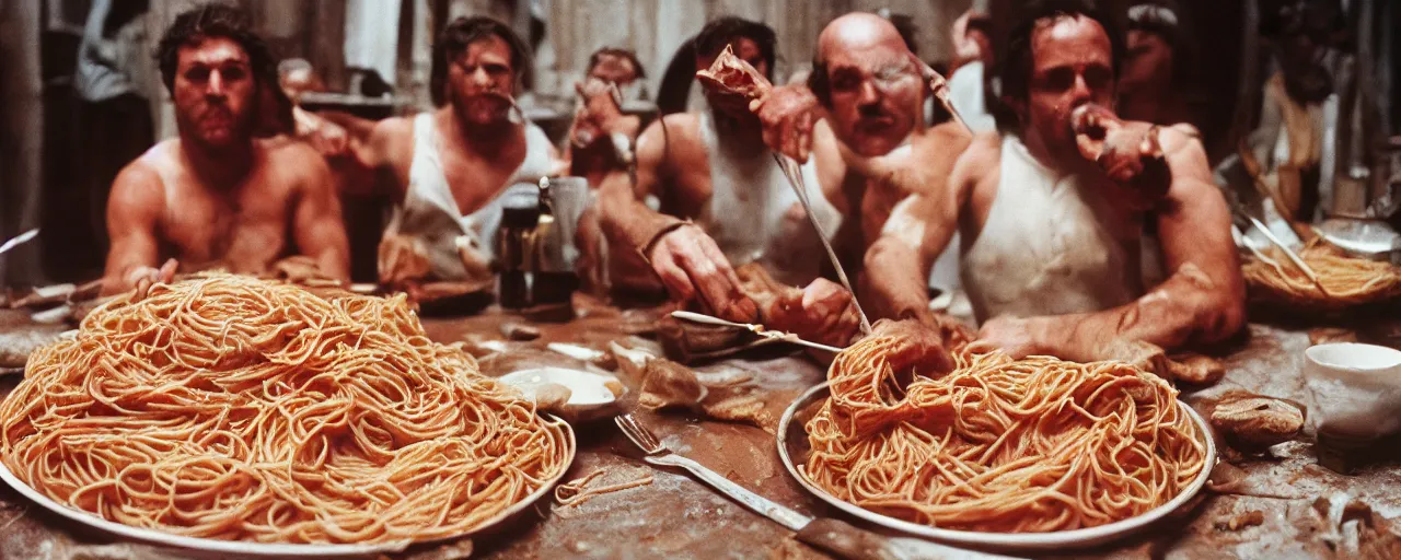 Image similar to ancient romans gladiators eating big bowl of spaghetti!!!!, architectural, minimal, canon 5 0 mm, wes anderson film, kodachrome, retro