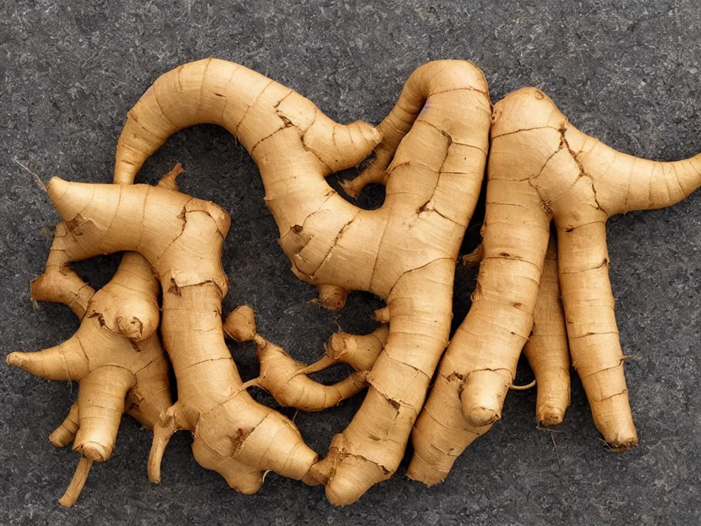 Prompt: a ginger root in the shape of a pack mule, a pack mule, a pack mule shaped ginger root, hyperrealistic