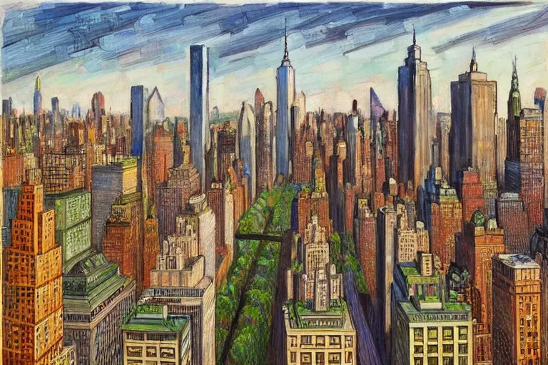 Image similar to a realistic Manhattan cityscape, from the roof, Central park by Louis Wain (1920), golden ratio, sharp linework, clean strokes, sharp edges, flat colors, cell shaded, trending on artstation