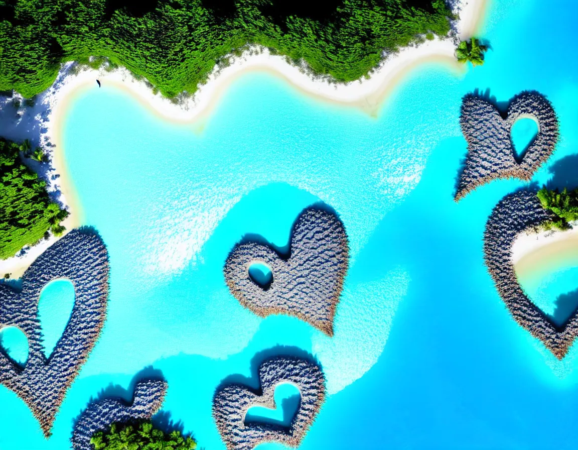 Image similar to closeup shot photo of ultra realistic blue lagoon with exotic tree heart / shaped sandy beach island, sunset lighting