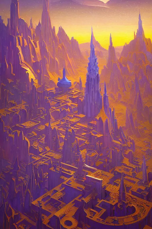 Image similar to the painted tower of the stars, by Sylvain Sarrailh and Nicholas Roerich and jean delville and Tyler Edlin and William Dyce, dramatic cinematic lighting , latticed balconies, beautiful garden, ornate carved architecture, smooth, sharp focus, extremely detailed