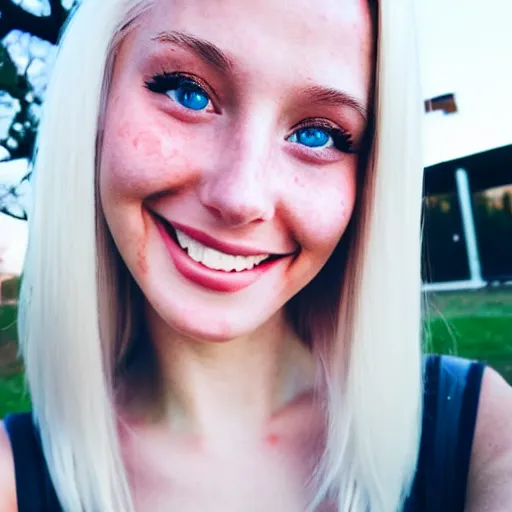 Image similar to beautiful selfie of a cute thin young woman smiling smugly, long light platinum blonde hair, flushed face, small heart - shaped face, cute freckles, light blue eyes, golden hour, 8 k, instagram