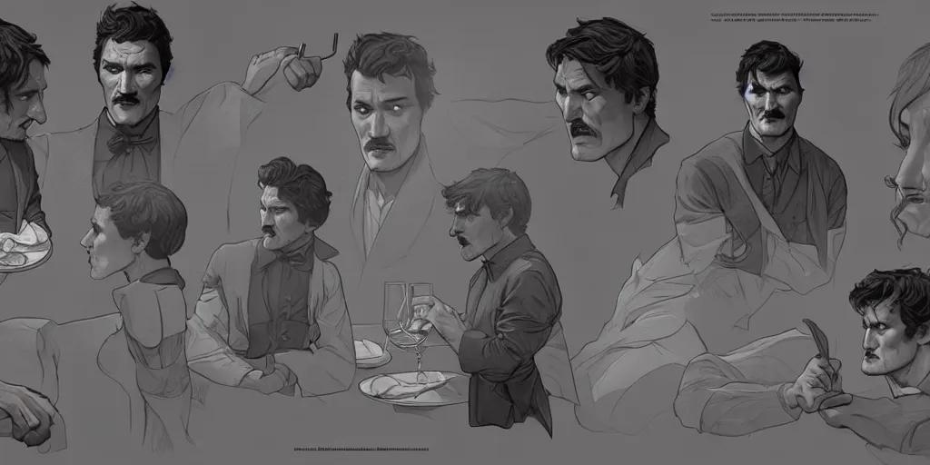 Image similar to pedro pascal eating dinner, character sheet, storyboard, character design, contrast, deep focus, turnaround, highly detailed, dramatic lighting, digital painting, artstation, concept art, matte, sharp focus, illustration, elegant, art by artgerm and greg f and alphonse mucha.
