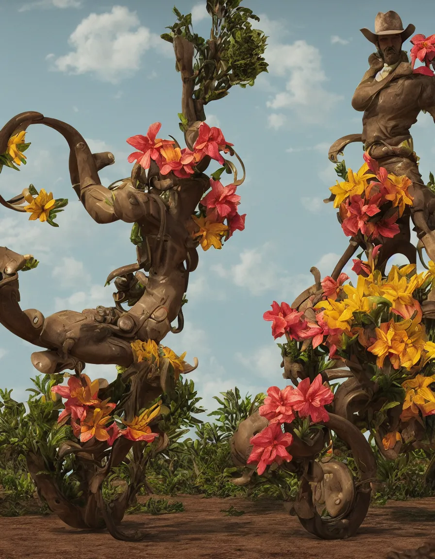 Image similar to a cowboy turning into blooms. tropical sea slugs, tractor tires. complementary colors. national geographic. 8 k, rendered in octane, smooth gradients. sculpture by antonio canova