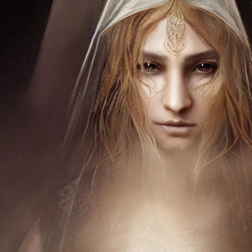 Prompt: portrait of a priestess with long hair and a veil in her head. She wear a silver detailed symetric amulet of a sun eye. Epic fantasy. beautiful. face symetric cinematic top lighting, insanely detailed and intricate, face by wlop, Charlie Bowater, golden ratio, symmetric, elegant, ornate, luxury, elite, matte painting, cinematic, trending on artstation, deviantart and cgsociety, 8k, high resolution