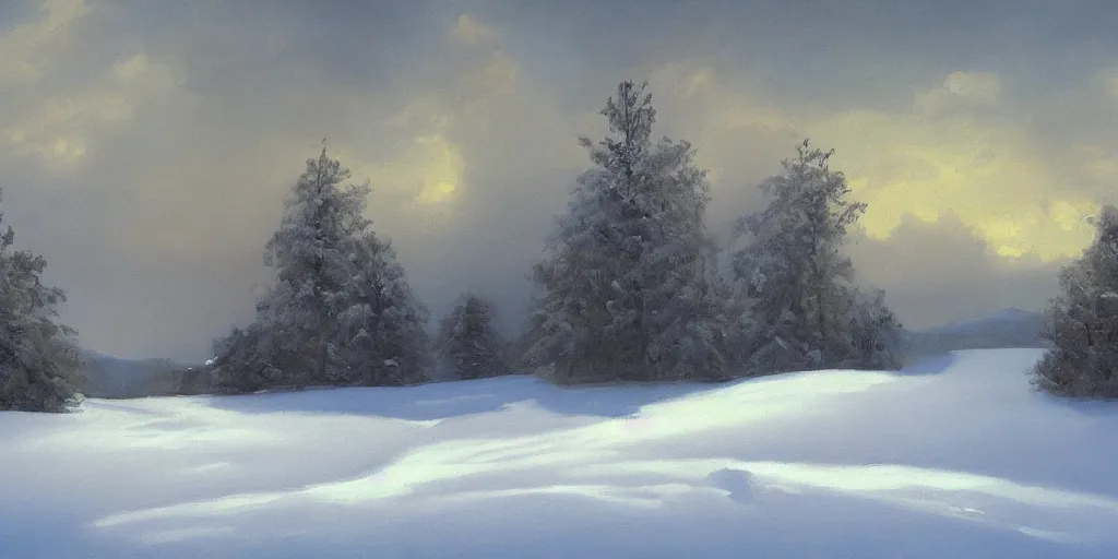 Image similar to painting a snowy landscape art by brom gerald, 8 k