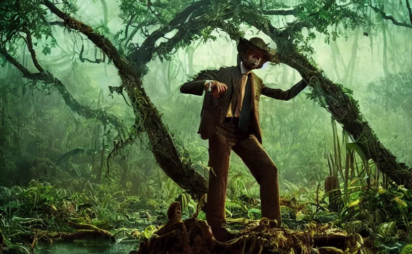 Image similar to snake oil saleman demigod with neon green mask in a swampy jungle landscape, visible sky and humid atmosphere, the salesman's dream by alejandro jodorowsky and denis villeneuve, kodakchrome, cinematic composition, practical effects, 8 k