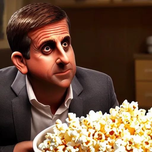 Image similar to steve carrell as a popcorn kernel, realistic, hyperrealistic, ultra realistic, real, real world, highly detailed, very detailed, extremely detailed, intricate details, 8 k resolution, hd quality