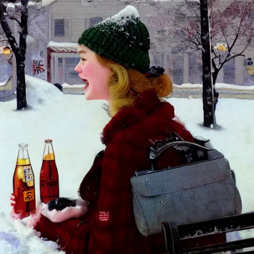 Prompt: Elle Fanning drinking a bottle of soda in the snow, by Norman Rockwell, Extremely detailed. 8K. Award winning.