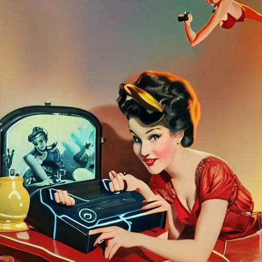 Prompt: a photograph of a pin up girl playing videogames, by Alberto Vargas, highly detailed and intricate, cinematic lighting 4k